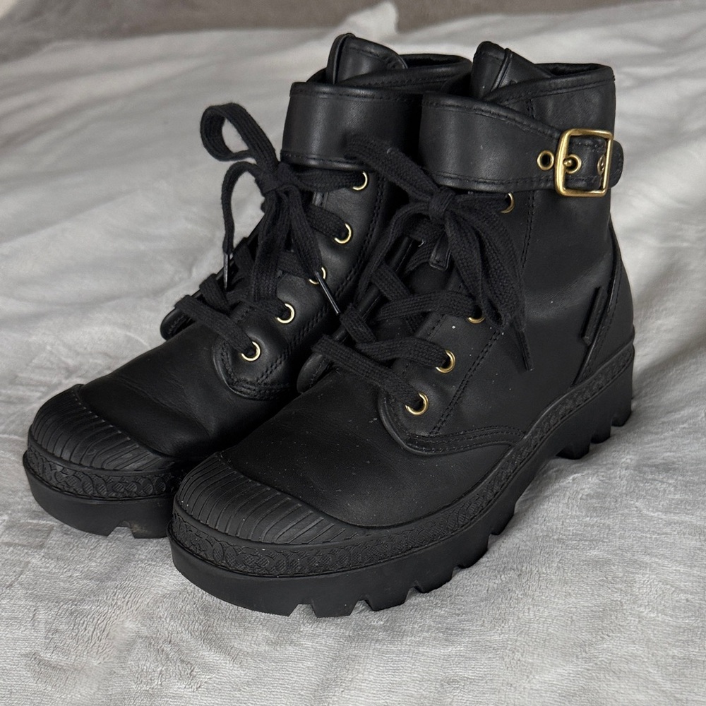 Coach Black Leather Combat Boots with Gold Buckle